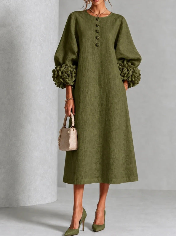 Elegant 3D Floral Cuff Button-Front Midi Dress