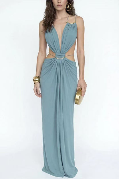 Glamorous Gold Ring Draped Cut-Out Resort Maxi Dress