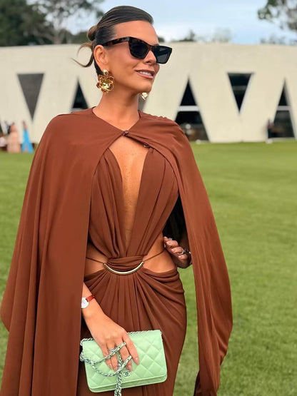 Glamorous Gold Ring Draped Cut-Out Resort Maxi Dress