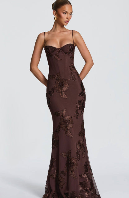 Luminous Golden Floral Embroidered Sweetheart Evening Gown