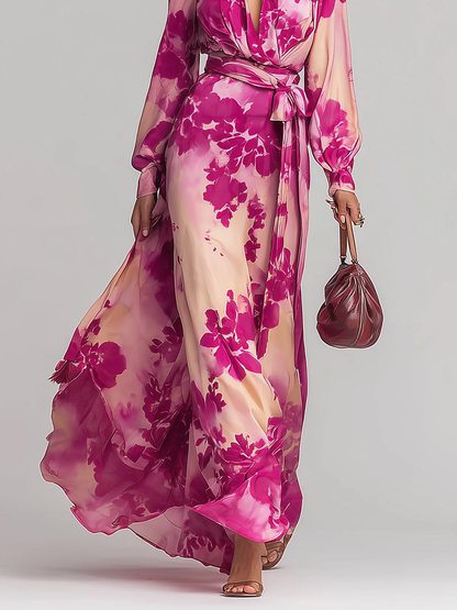 Fuchsia Bloom Floral Wrap Belt Maxi Dress