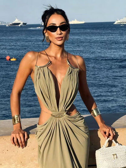 Glamorous Gold Ring Draped Cut-Out Resort Maxi Dress
