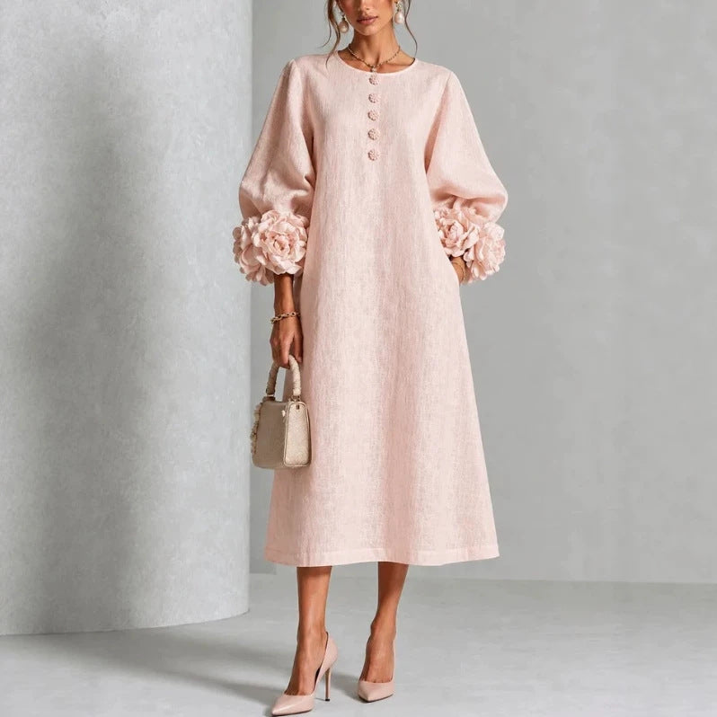 Elegant 3D Floral Cuff Button-Front Midi Dress