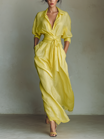 Lemon Glow Belted Shirt Maxi Dress with Relaxed Elegance