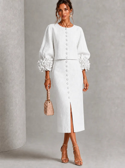 Elegant 3D Floral Lantern Sleeve Top & Slit Midi Skirt Set