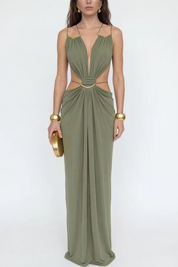 Glamorous Gold Ring Draped Cut-Out Resort Maxi Dress