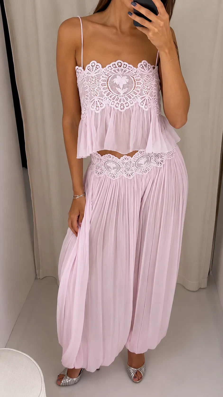 Bohemian Lace Trim Cami Top & Pleated Lantern Pants Set