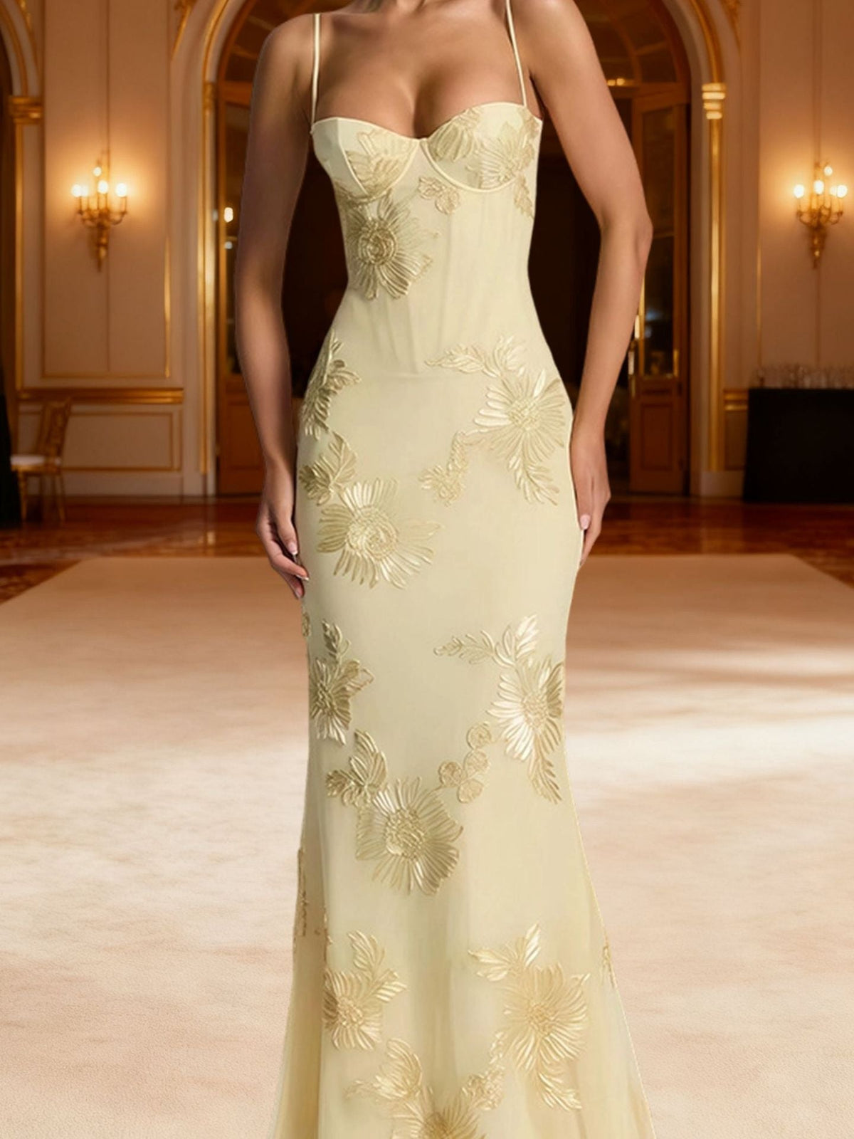 Luminous Golden Floral Embroidered Sweetheart Evening Gown