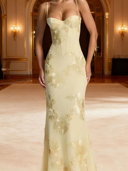 Luminous Golden Floral Embroidered Sweetheart Evening Gown