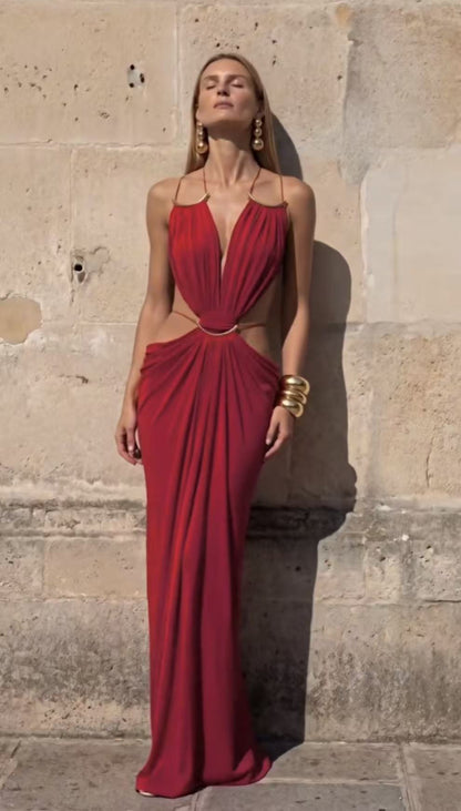 Glamorous Gold Ring Draped Cut-Out Resort Maxi Dress