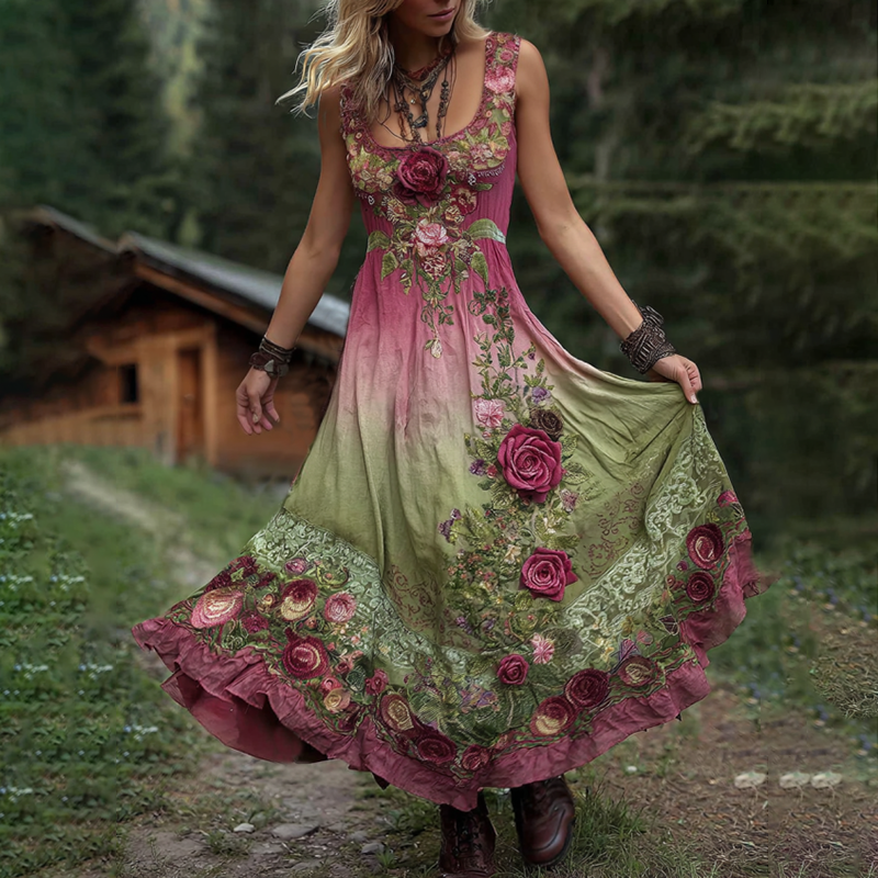 Classy Gradient Pink Roses Cancer Awareness Embroidered Linen Maxi Dress