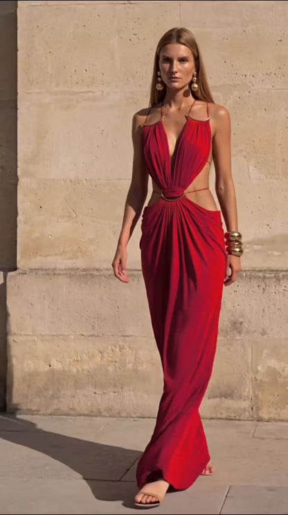 Glamorous Gold Ring Draped Cut-Out Resort Maxi Dress