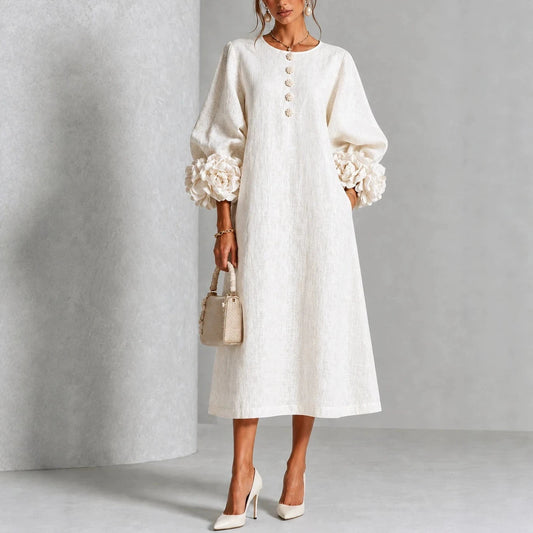 Elegant 3D Floral Cuff Button-Front Midi Dress