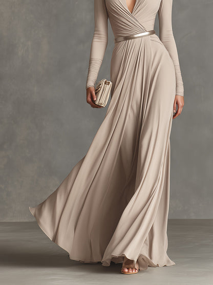 Elegant Pleated Wrap Maxi Dress