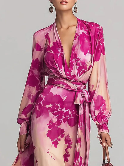 Fuchsia Bloom Floral Wrap Belt Maxi Dress