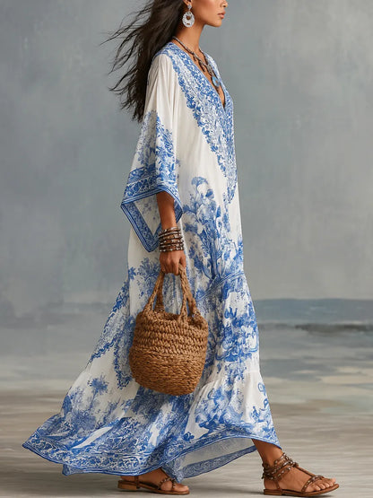 Bohemian Blue & White Porcelain Print V-Neck Maxi Dress
