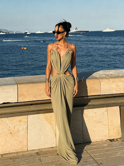 Glamorous Gold Ring Draped Cut-Out Resort Maxi Dress