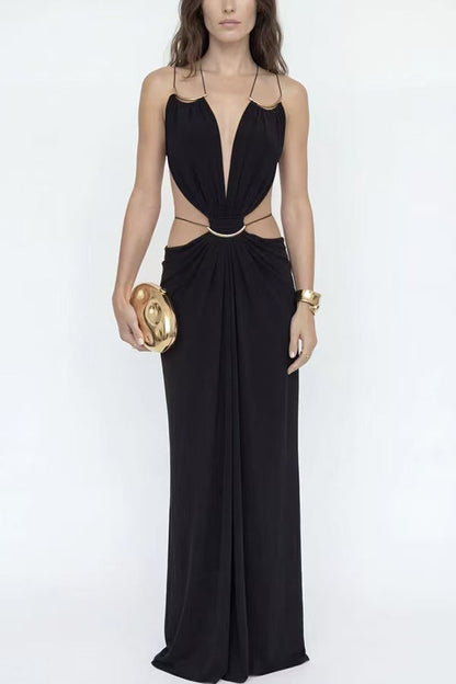 Glamorous Gold Ring Draped Cut-Out Resort Maxi Dress