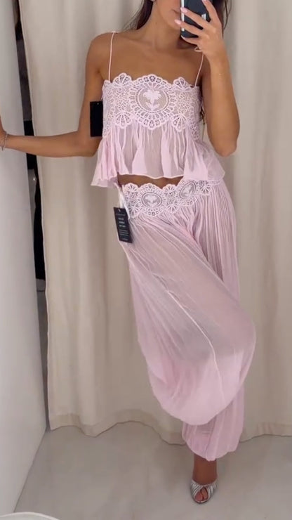 Bohemian Lace Trim Cami Top & Pleated Lantern Pants Set