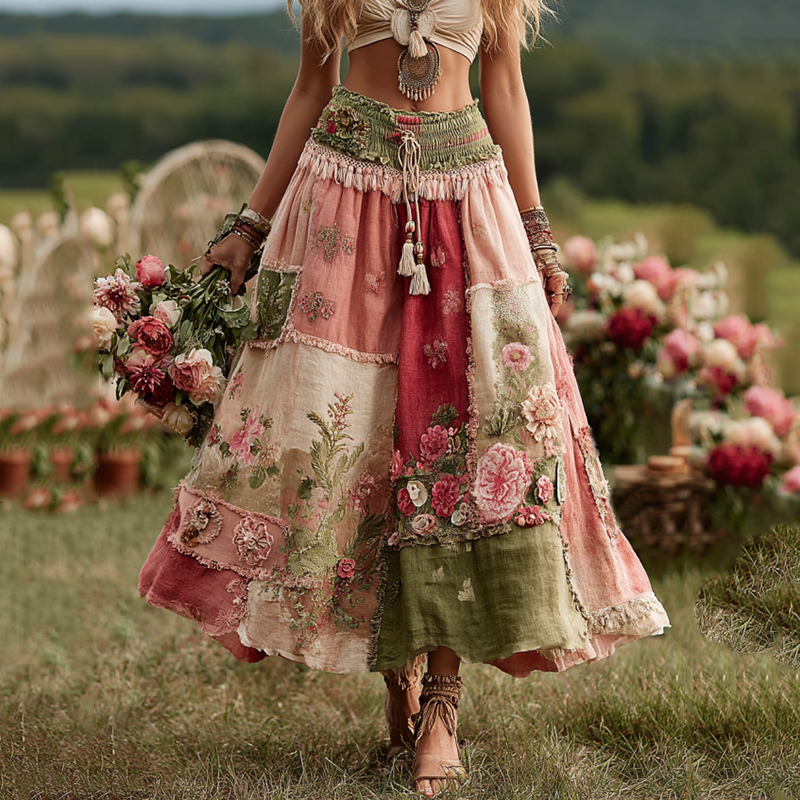 Vintage Boho Rose Floral Patchwork Art Flowy Linen Skirt