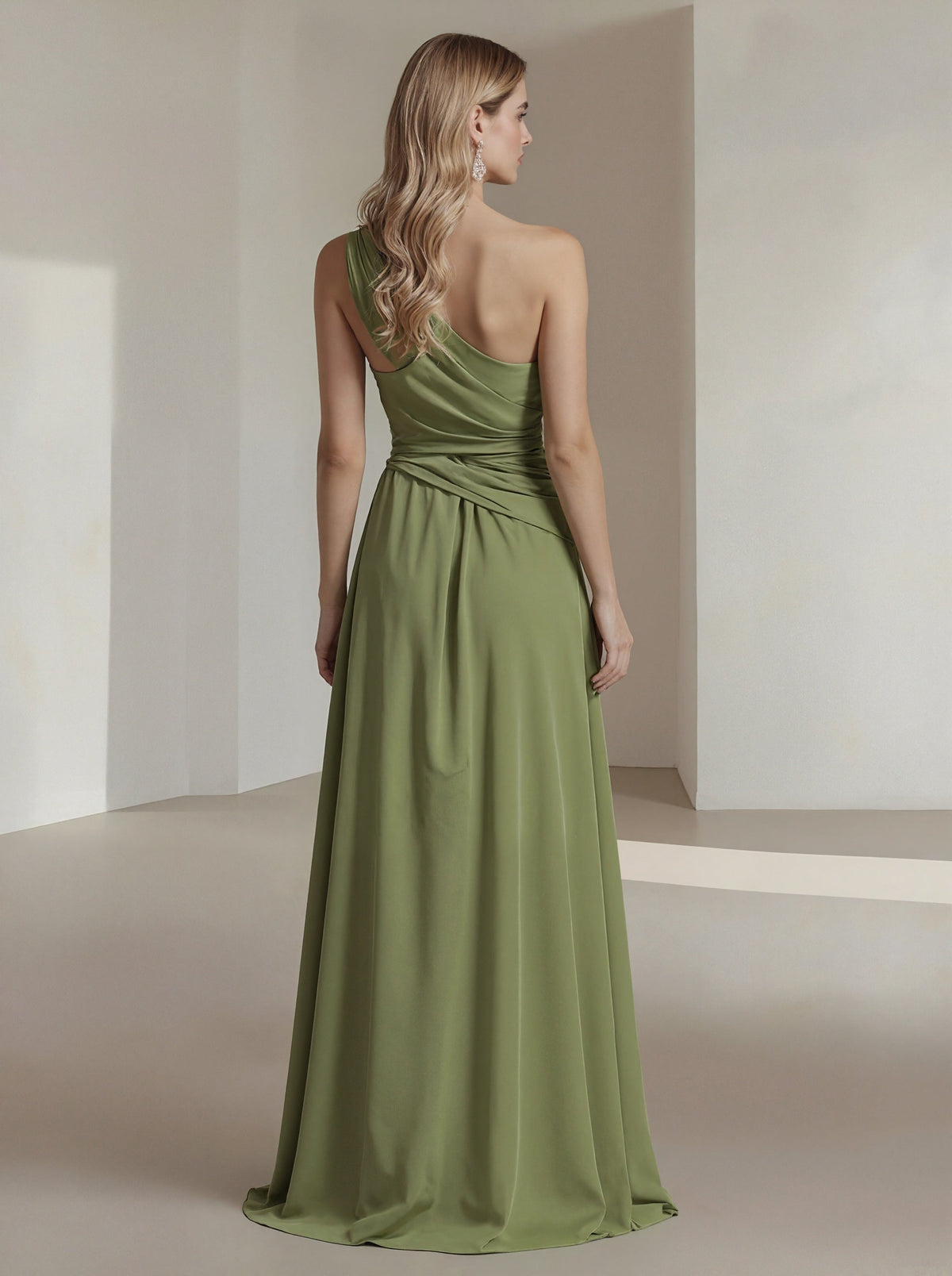 Solid Color One Shoulder Chiffon Dress With 3D Floral High Slit Maxi Dress