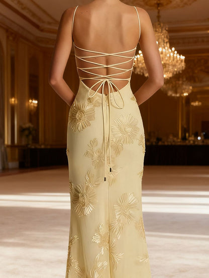 Luminous Golden Floral Embroidered Sweetheart Evening Gown