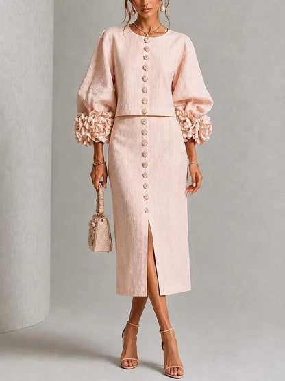 Elegant 3D Floral Lantern Sleeve Top & Slit Midi Skirt Set