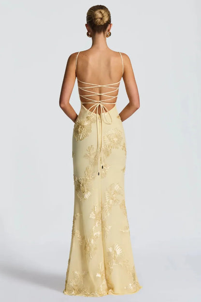 Luminous Golden Floral Embroidered Sweetheart Evening Gown