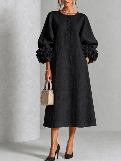 Elegant 3D Floral Cuff Button-Front Midi Dress