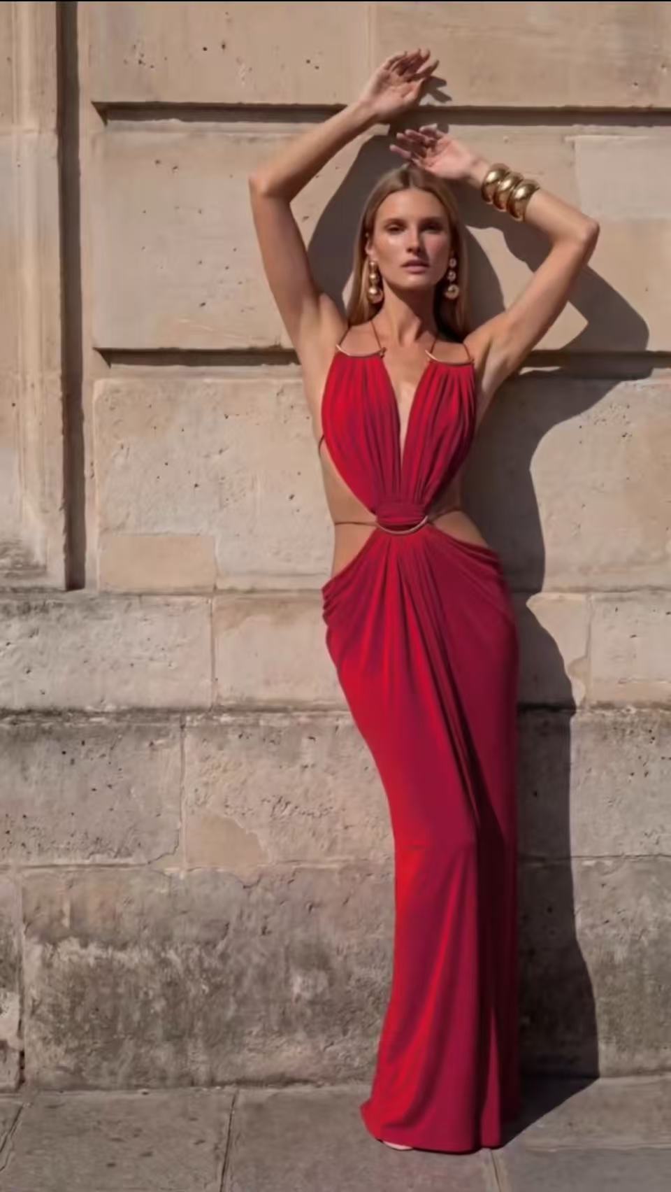 Glamorous Gold Ring Draped Cut-Out Resort Maxi Dress