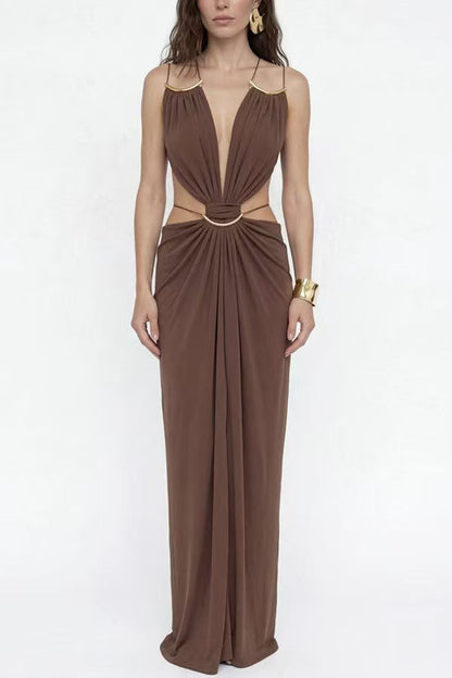 Glamorous Gold Ring Draped Cut-Out Resort Maxi Dress