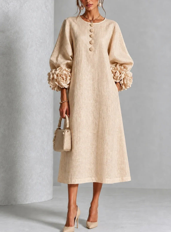 Elegant 3D Floral Cuff Button-Front Midi Dress