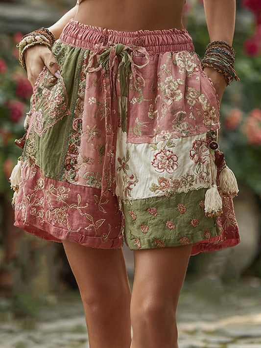 Retro Rose And Floral Patchwork Art Linen Drawstring Shorts